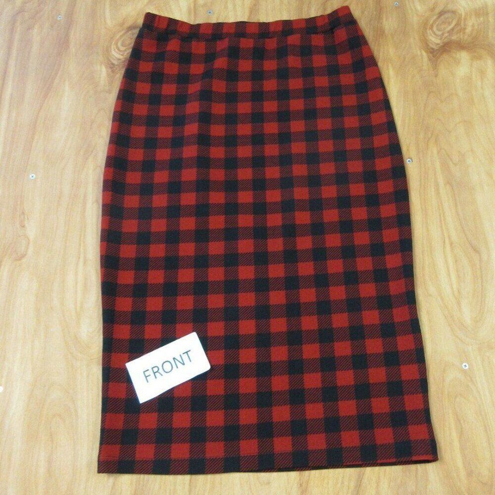 BOBEAU Buffalo Check Pencil Midi Skirt Womens M Black‎ Red Plaid Pull On Stretch